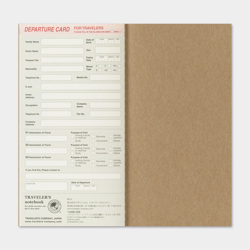 Traveler's Company Japan Midori Traveler's Notebook Refills 2026 TRAVELER'S Notebook Weekly Vertical Diary Refill - Regular Size by TRAVELER'S COMPANY